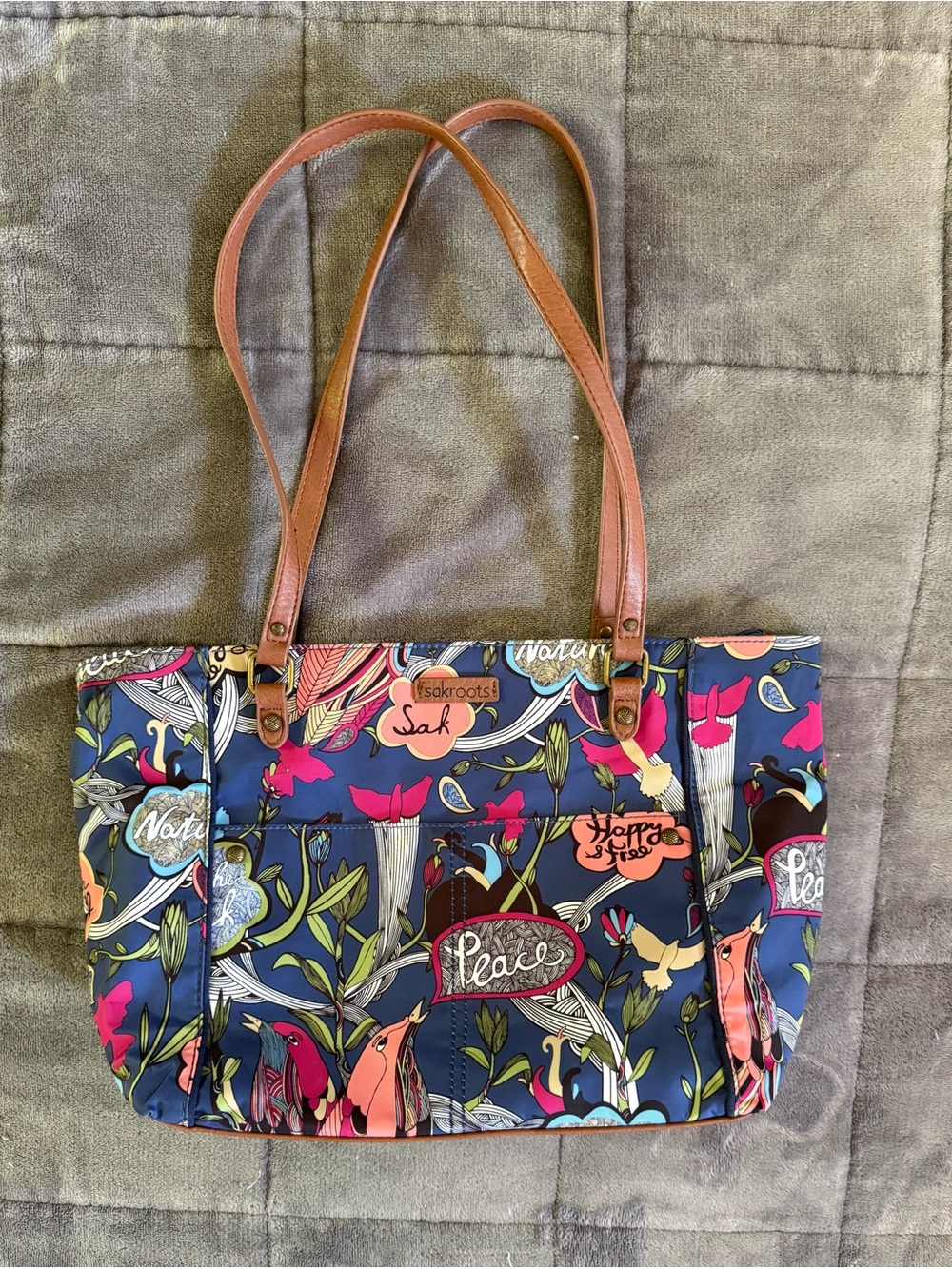 Sakroots Navy Floral Peace Tote with Brown Straps